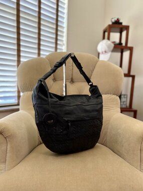 Auth THE SAK Iconic Black Woven Leather Slouchy Crescent Hobo Shoulder Bag